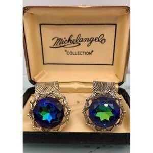 Vintage Michelangelo Silver Tone Large Iridescent Blue Rhinestone Wrap Cufflinks